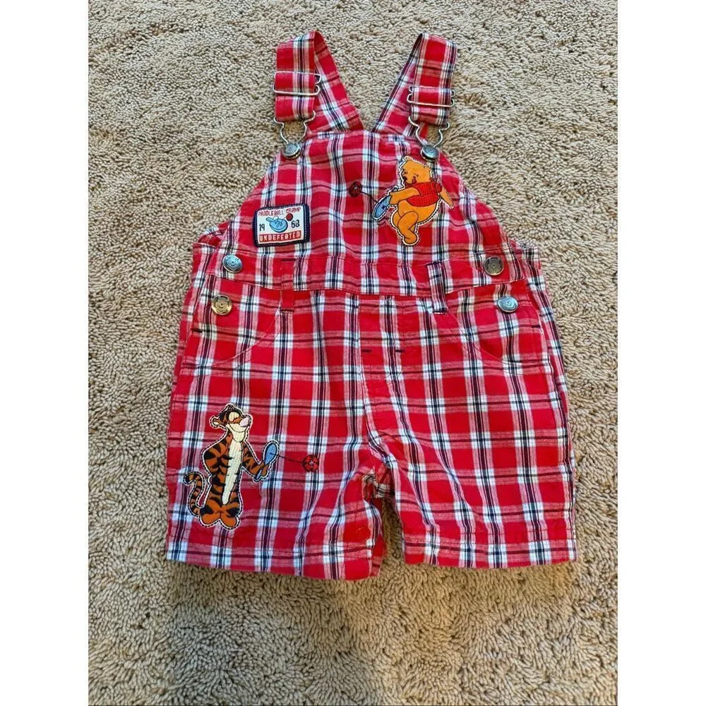 Vintage Disney Winnie the Pooh Plaid Shortalls Embroidered Baby Outfit 6-9 Month